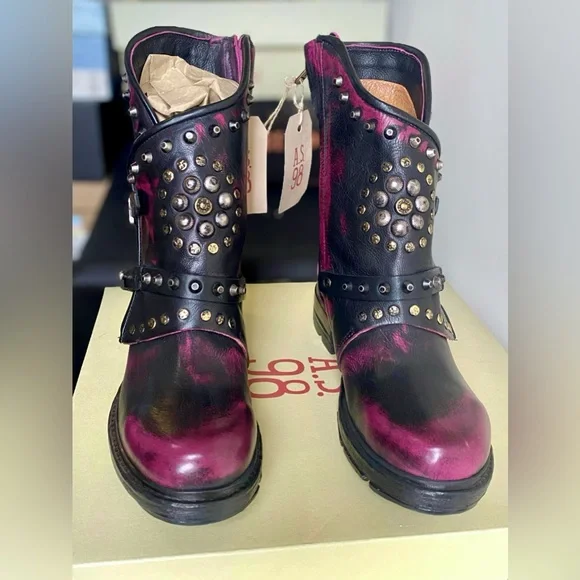 A.S.98 ASHER Fushcia Rub Off Riveted Italian Leather Boots •Size 7 / New in Box - Picture 3 of 9
